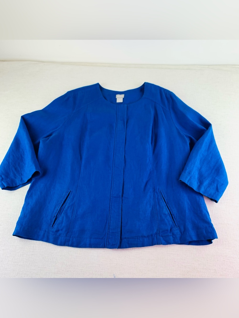 Chico's women's size 3 Cobalt Collarless 100% linen Jacket full zip 3/4 sleeve